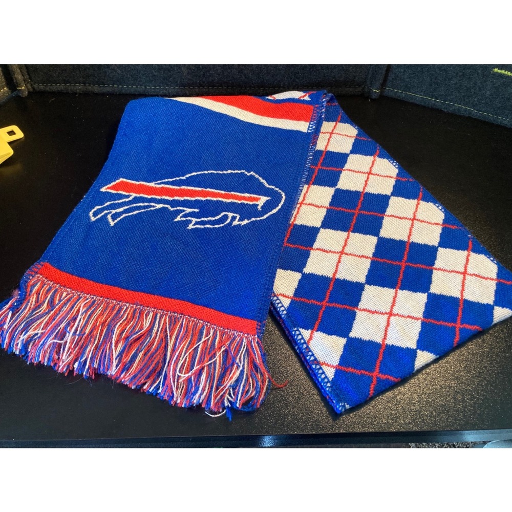 NFL Buffalo Bills Knit Scarf Blue Red White Argyle Reversible Fringe Logo - Picture 5 of 12